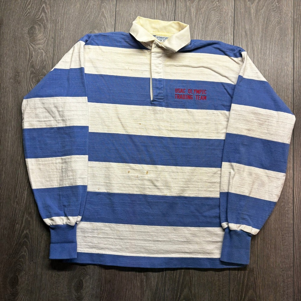 Vintage Lands End Rugby Shirt Mens Large Blue White Stripe USAC Olympic Team USA